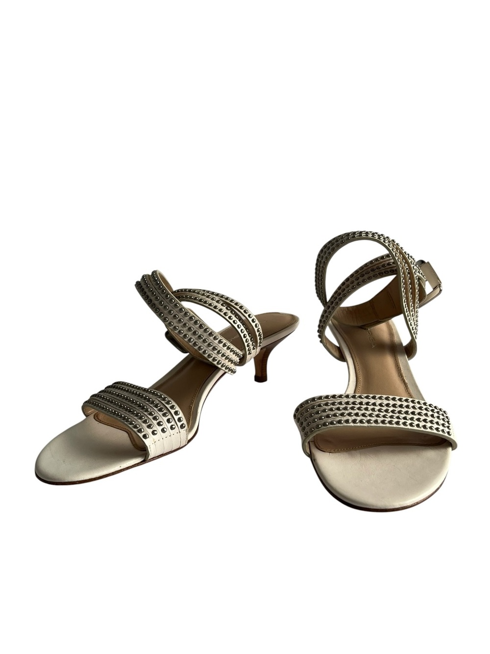 Via Spiga Ivory Genuine Leather Strappy Studded Kitten Heel Sandals Sz 8.5
